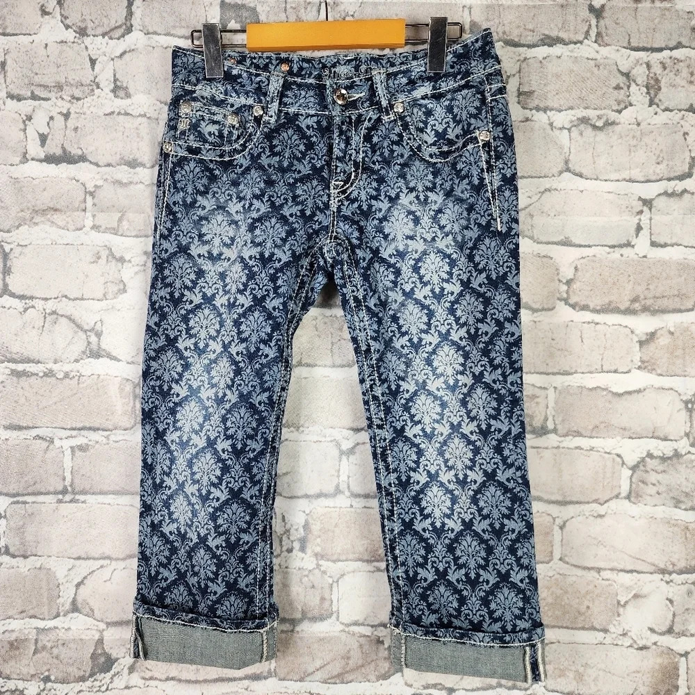 Womens Printed Crop Jeans - Blue Damask Pattern